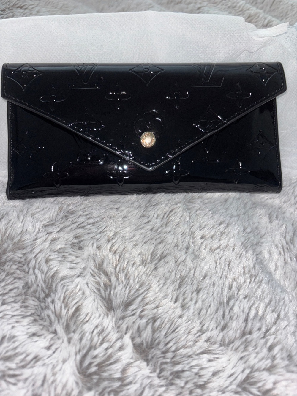 Black Patent Monogram Envelope Wallet with Gold Snap